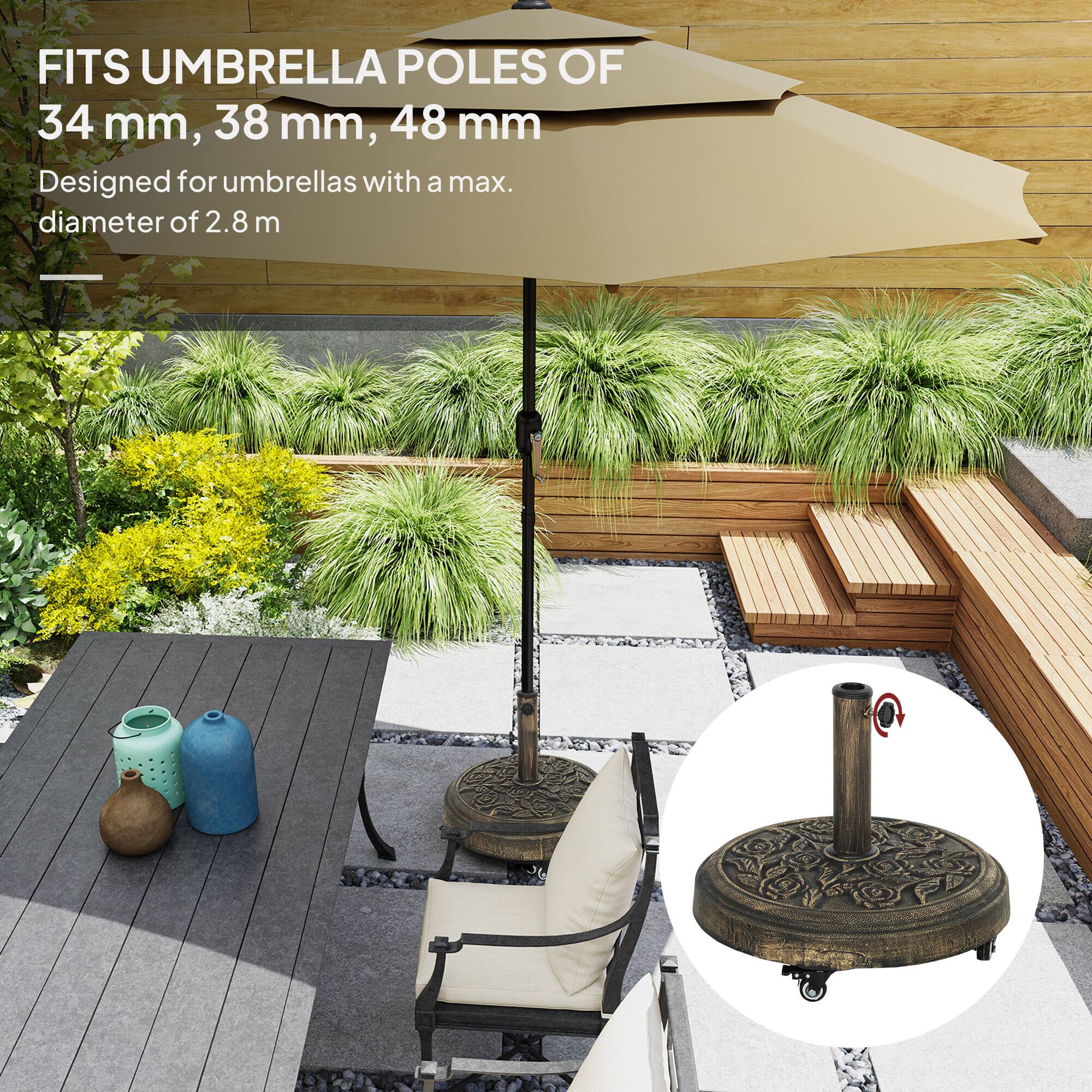 FITS UMBRELLA POLES OF 34 mm, 38 mm, 48 mm
Designed for umbrellas with a max. diameter of 2.8 m