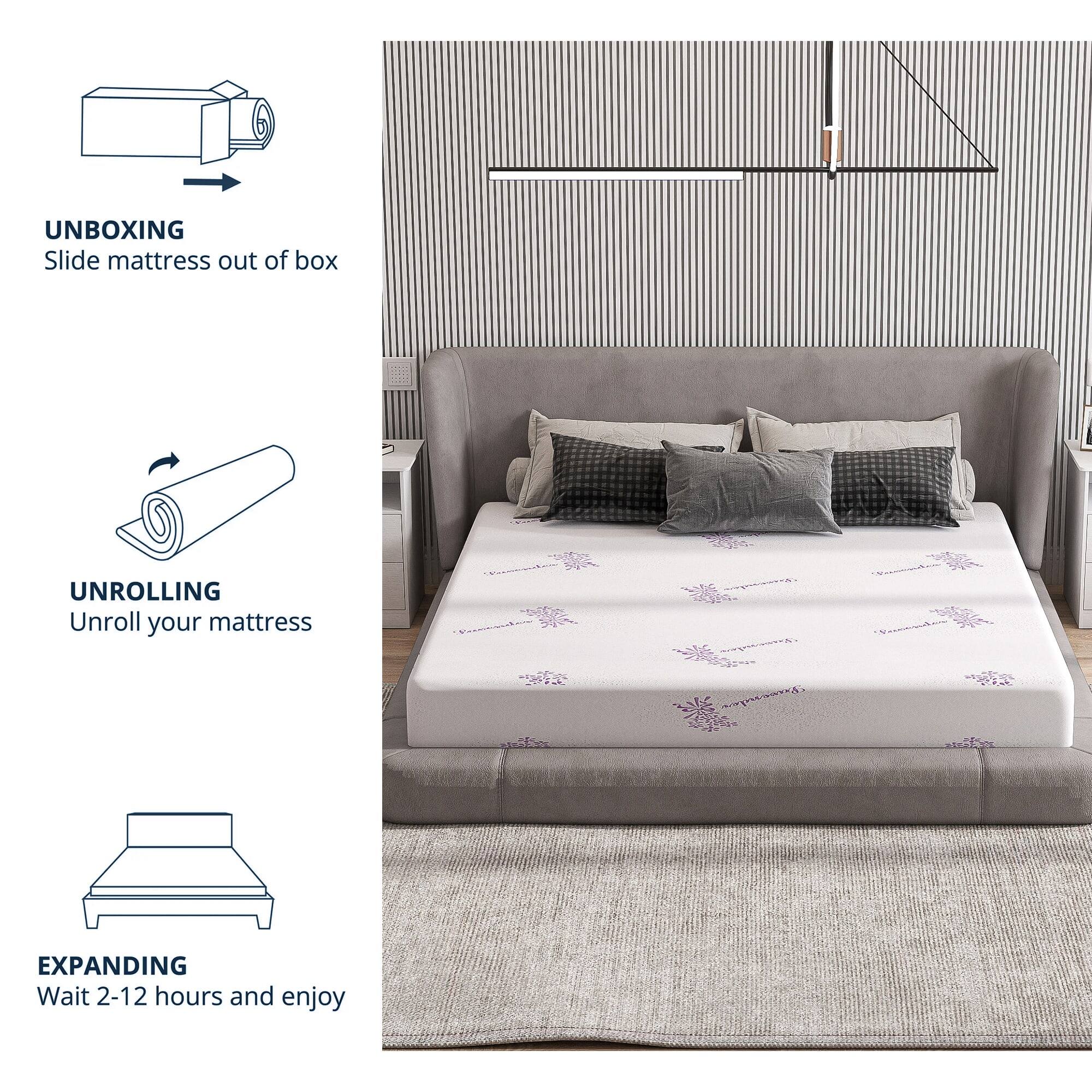 UNBOXING: Slide mattress out of box
UNROLLING: Unroll your mattress
EXPANDING: Wait 2-12 hours and enjoy