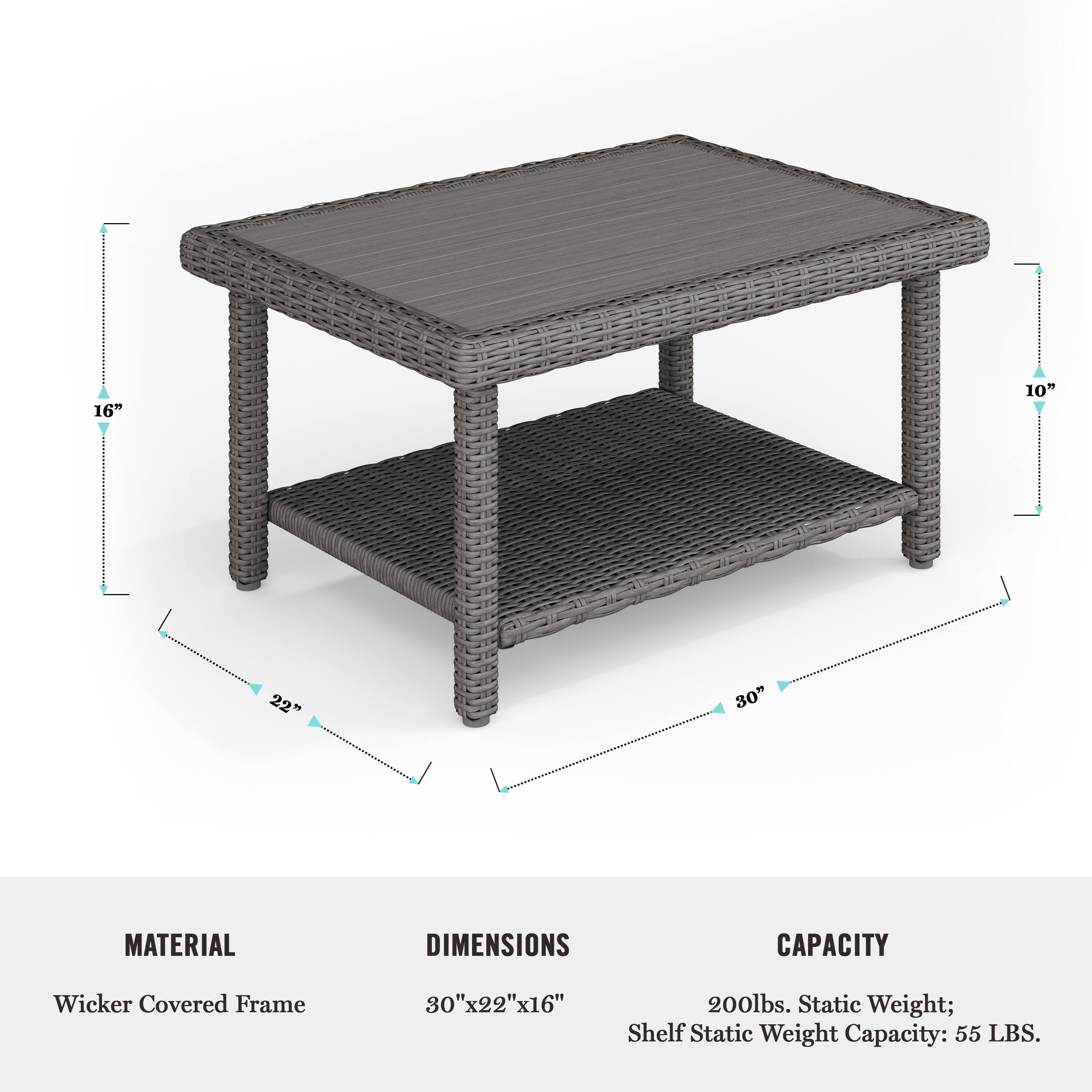 The text on the image reads:

Material: Wicker Covered Frame
Dimensions: 30"x22"x16"
Capacity: 200lbs. Static Weight; Shelf Static Weight Capacity: 55 LBS.