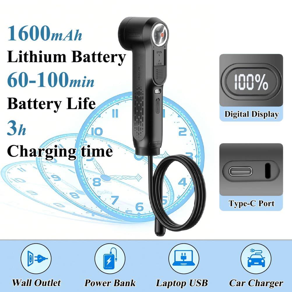 1600mAh Lithium Battery  
60-100min Battery Life  
3h Charging time  

100% Digital Display  
Type-C Port  

Wall Outlet  
Power Bank  
Laptop USB  
Car Charger
