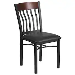 Emma + Oliver - Vertical Back Metal Restaurant Dining Chair with Vinyl Seat - Walnut