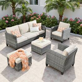 Ovios - 5 PCS Patio Furniture Set, Outdoor Wicker Sofa with Ottomans for Garden Porch Backyard - Beige