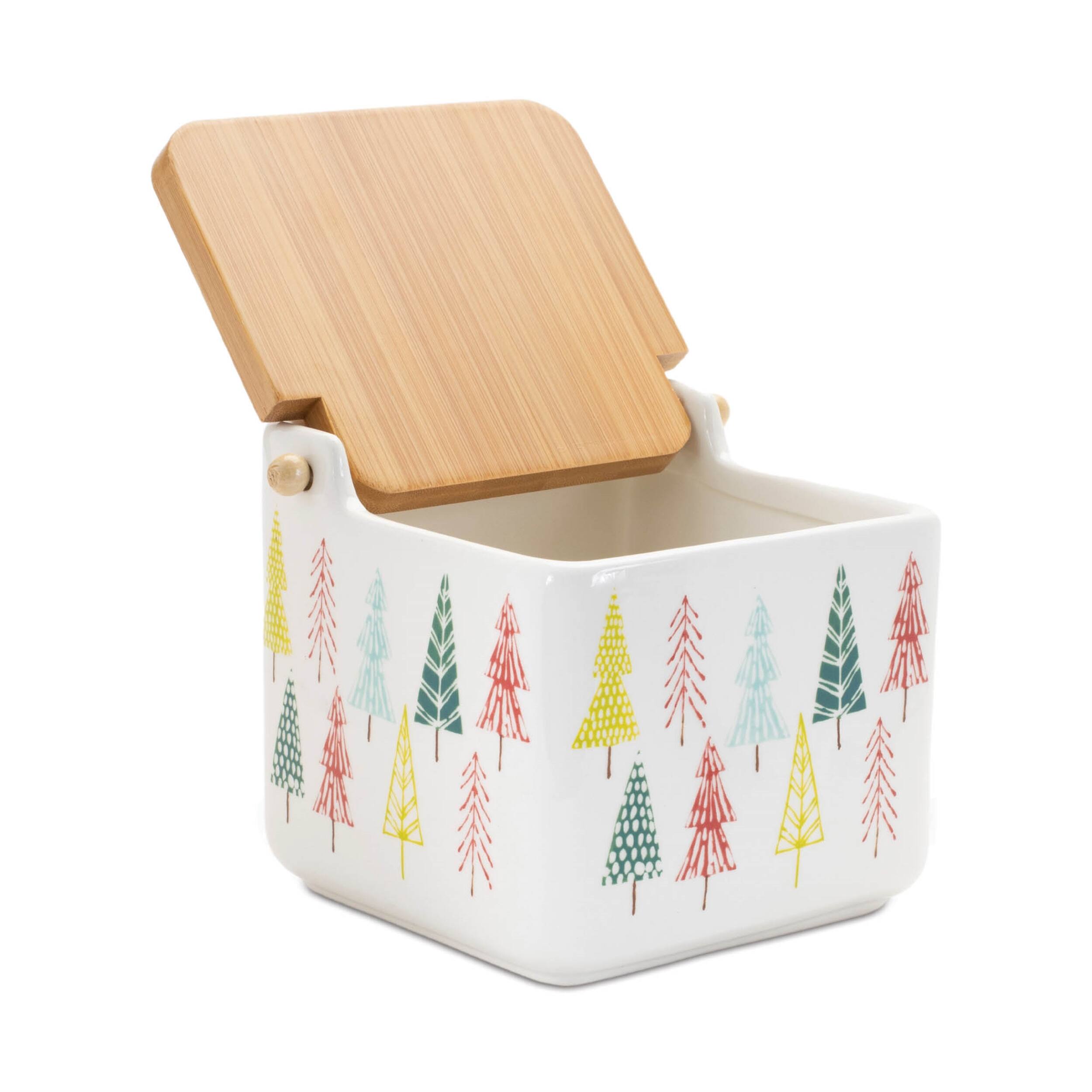 Angle. BreeBe - Ceramic Pine Tree Print Box (Set of 2) - White, Green, Red.