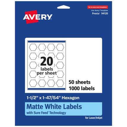 Go to avery.com/templates
AVERY
Use Avery Template Presta 94120
20 labels per sheet
50 sheets
1000 labels
1-1/2" x 1-47/54" Hexagon Matte White Labels with Sure Feed Technology for Laser/Inkjet