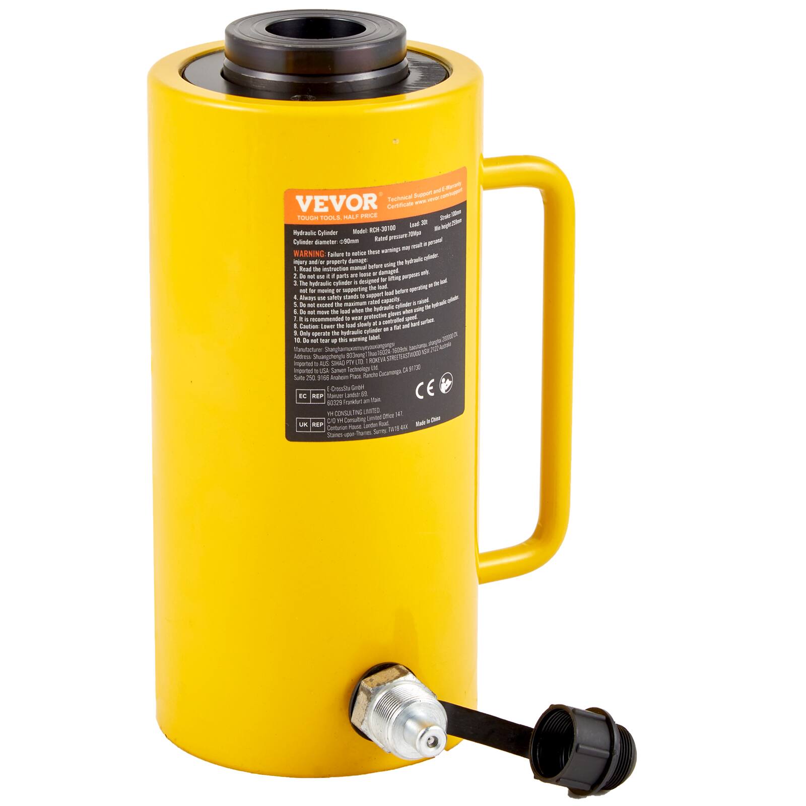VEVOR Technical - Tough Tools Half Price

Hydraulic Cylinder
Model: 30100
Cylinder Diameter: 30mm
Stroke Length: 200mm
Max. Pressure: 700bar
Max. Load: 1400kg

WARNING: Failure to follow these instructions may result in damage to the hydraulic cylinder, injury or death.

1. Read the instruction manual before using the hydraulic cylinder.
2. Always use the hydraulic cylinder in a stable and secure position.
3. Always use the hydraulic cylinder in a stable and secure position.
4. Always use the hydraulic cylinder in a stable and secure position.
5. Always use the hydraulic cylinder in a stable and secure position.
6. Always use the hydraulic cylinder in a stable and secure position.
7. Always use the hydraulic cylinder in a stable and secure position.
8. Always use the hydraulic cylinder in a stable and secure position.
9. Always use the hydraulic cylinder in a stable and secure position.
10. Always use the hydraulic cylinder in a stable and secure position.

Address: Shanghai Vevor Technology Co., Ltd.
100000 Shanghai, China
Tel: +86-21-5451-