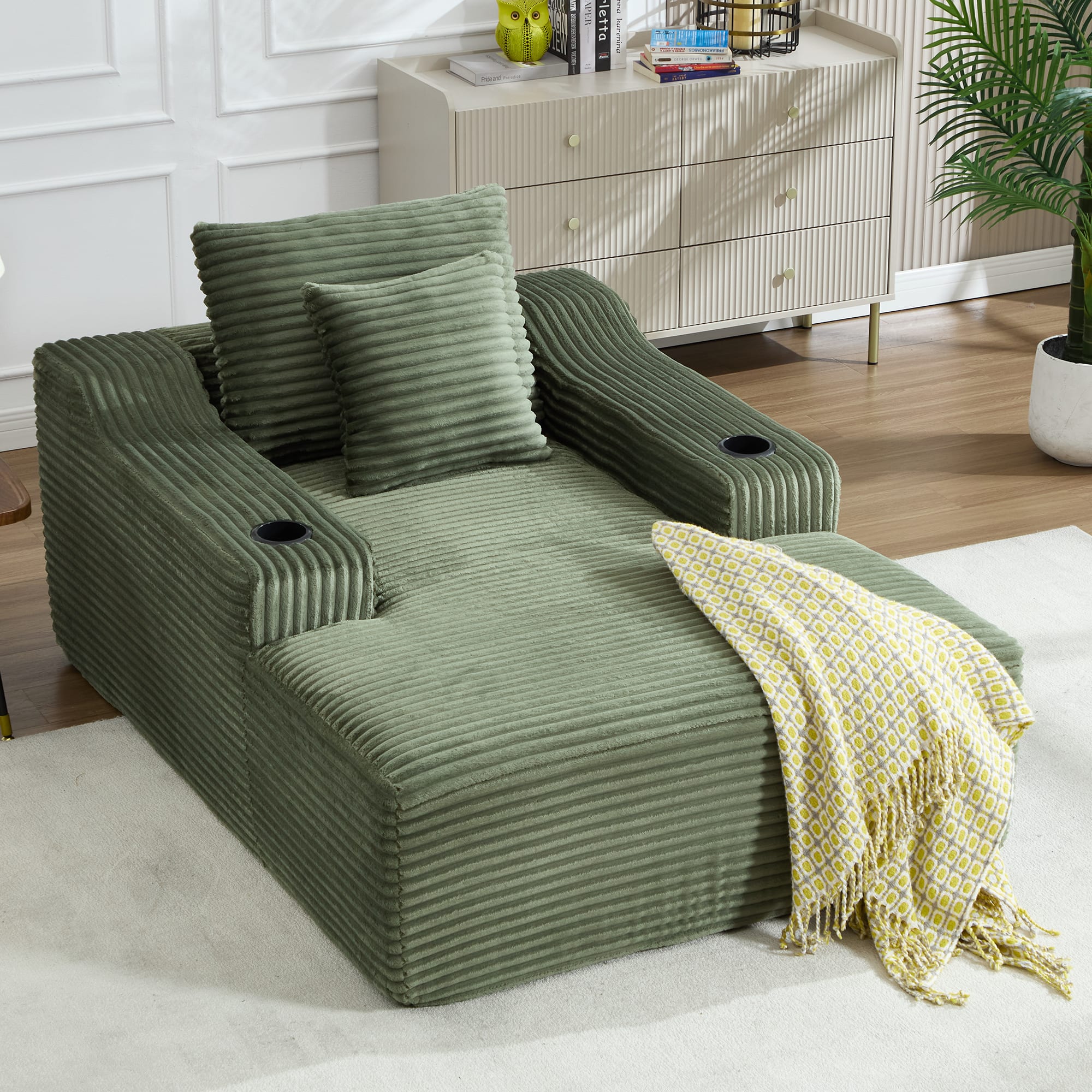 Trinkets Crazed - 67" Chaise Lounge Chair 9.9'' Wide Armrest Indoor Corduroy Oversized Sleeper Sofa for Living Room - Green