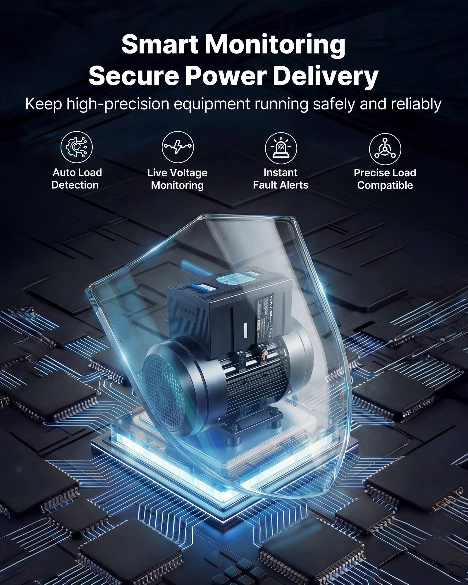 Smart Monitoring Secure Power Delivery  
Keep high-precision equipment running safely and reliably

- Auto Load Detection
- Live Voltage Monitoring
- Instant Fault Alerts
- Precise Load Compatible