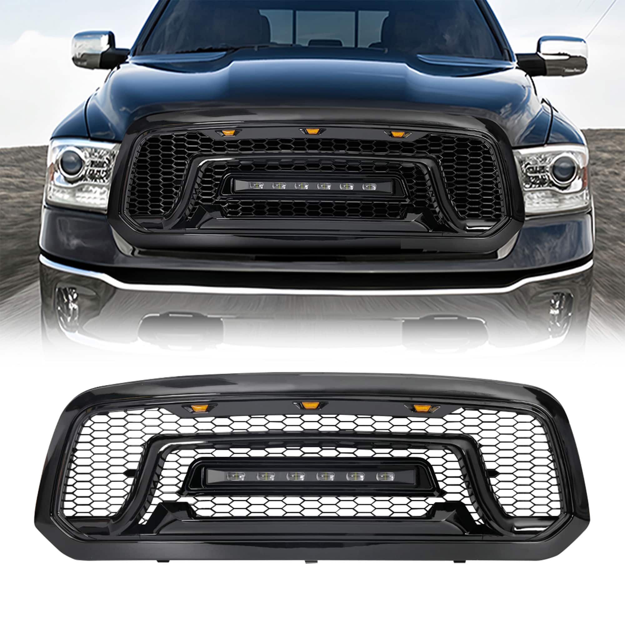 AMERICAN MODIFIED - Front Armor Grille w/ Off Road Lights for 13-18 Dodge Ram 1500 - Glossy Black