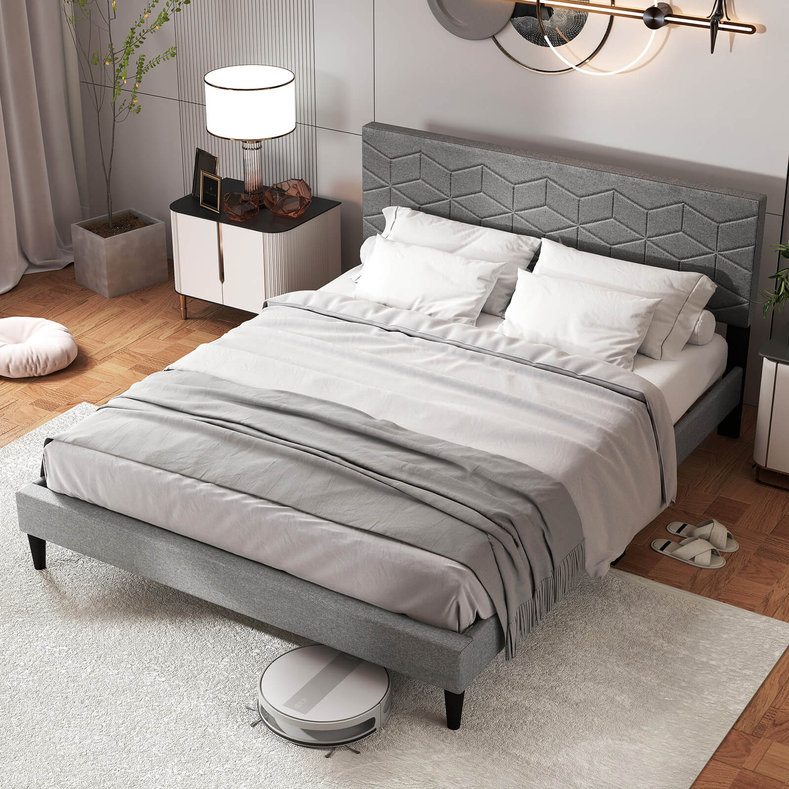 Alt View 3. Costway - Costway Queen Size Bed Frame with Linen Fabric Upholstered Headboard & Wooden Slat Support - Gray.