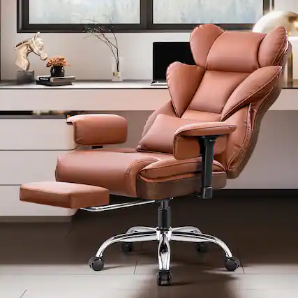 Front. KERDOM - Ergonomic PU Leather Office Chair Upholstery, Big & Tall Boss Chair with Footrest, Adjustable Arms & Wide Seat - Brown.