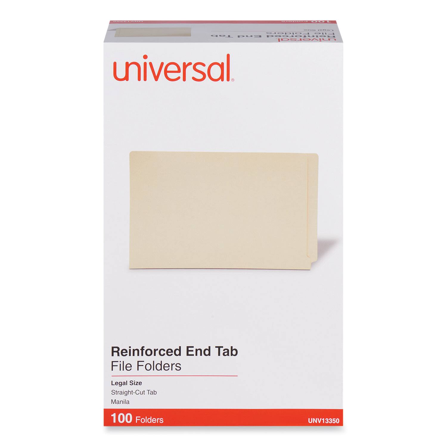 UNV13350

universal

Reinforced End Tab File Folders

Legal Size
Straight-Cut Tab
Manila

100 Folders