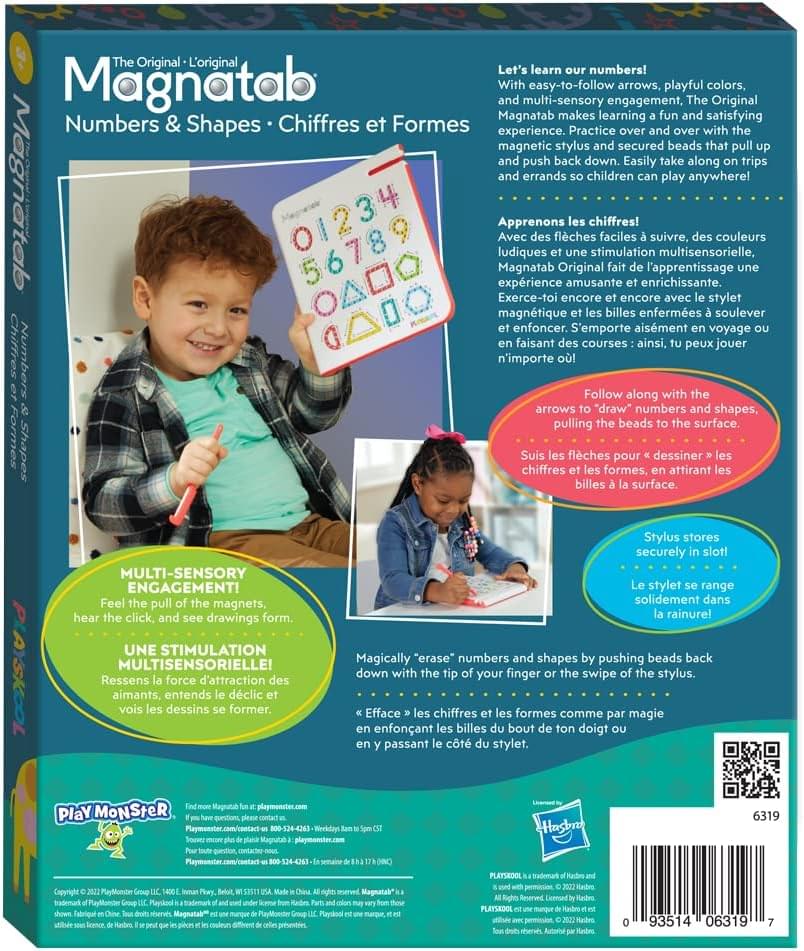 **The Original L'original Magnatab**

**Numbers & Shapes • Chiffres et Formes**

Let's learn our numbers!  
With easy-to-follow arrows, playful colors, and multi-sensory engagement, The Original Magnatab makes learning fun and satisfying. Practice over and over with magnetic stylus and secured beads that pull and push back down. Easily take along on trips and errands so children can play anywhere!

**Apprenons les chiffres!**  
Avec des flèches faciles à suivre, des couleurs ludiques et une stimulation multisensorielle, Magnatab Original fait de l'apprentissage une expérience amusante et enrichissante. Exerce-toi encore et encore avec le stylet magnétique et les billes enfermées pour les soulever et les enfoncer. S'emporte aisément en voyage ou en faisant des courses : ainsi, tu peux jouer n'importe où !

Follow along with the arrows "draw" numbers and shapes, pulling the beads to the surface.  
Suis les flèches pour "dessiner" les chiffres et les formes, attirant les billes à la surface.

**MULTI-SENSORY ENGAGEMENT!**  
Feel