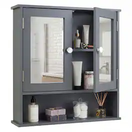 Costway - Bathroom Wall Cabinet Medicine Cabinet with Mirror Adjustable Shelf - Gray