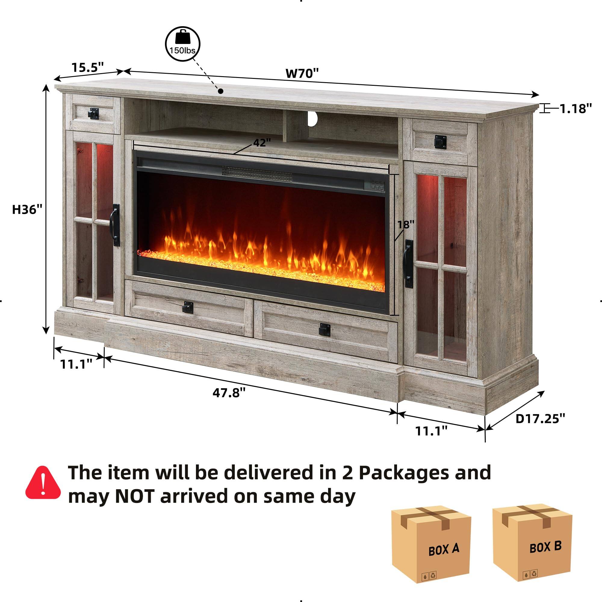 15.5" 150lbs W70" E 1.18" 42" H36" 18" 11.1" 47.8" 11.1" D17.25"  
The item will be delivered in 2 Packages and may NOT arrive on the same day  
BOX A BOX B