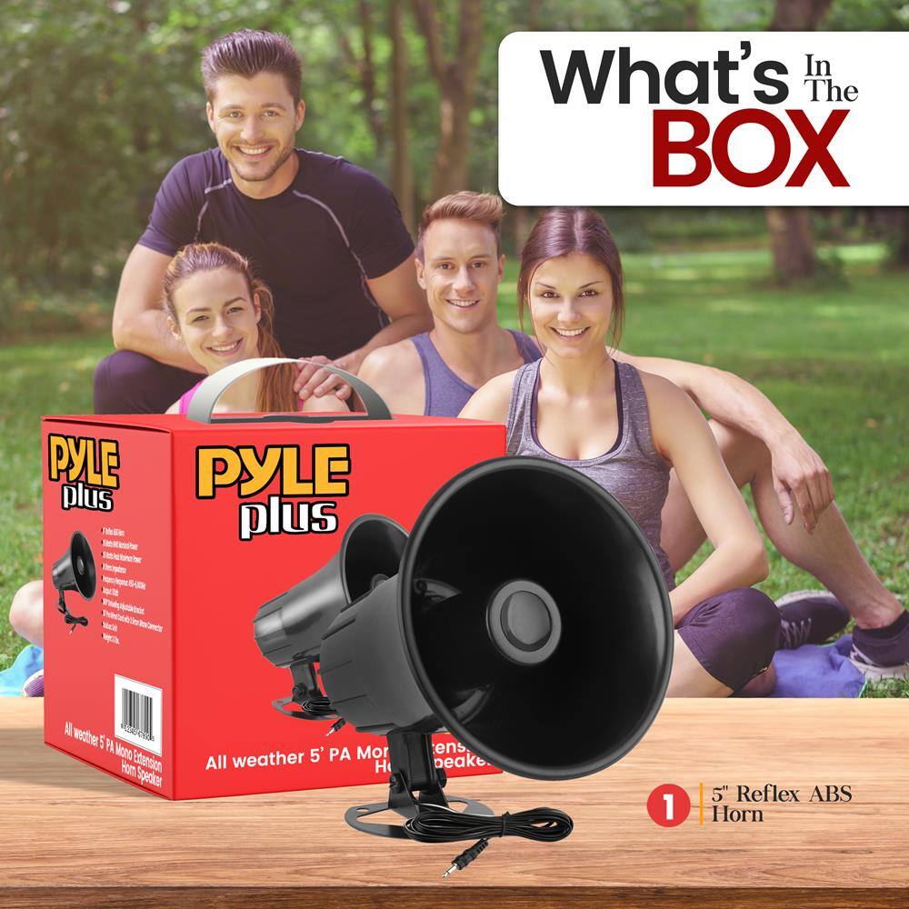 What's In The BOX

PYLE plus

All weather 5" PA Mono Extension Speaker

1. 5" Reflex ABS Horn