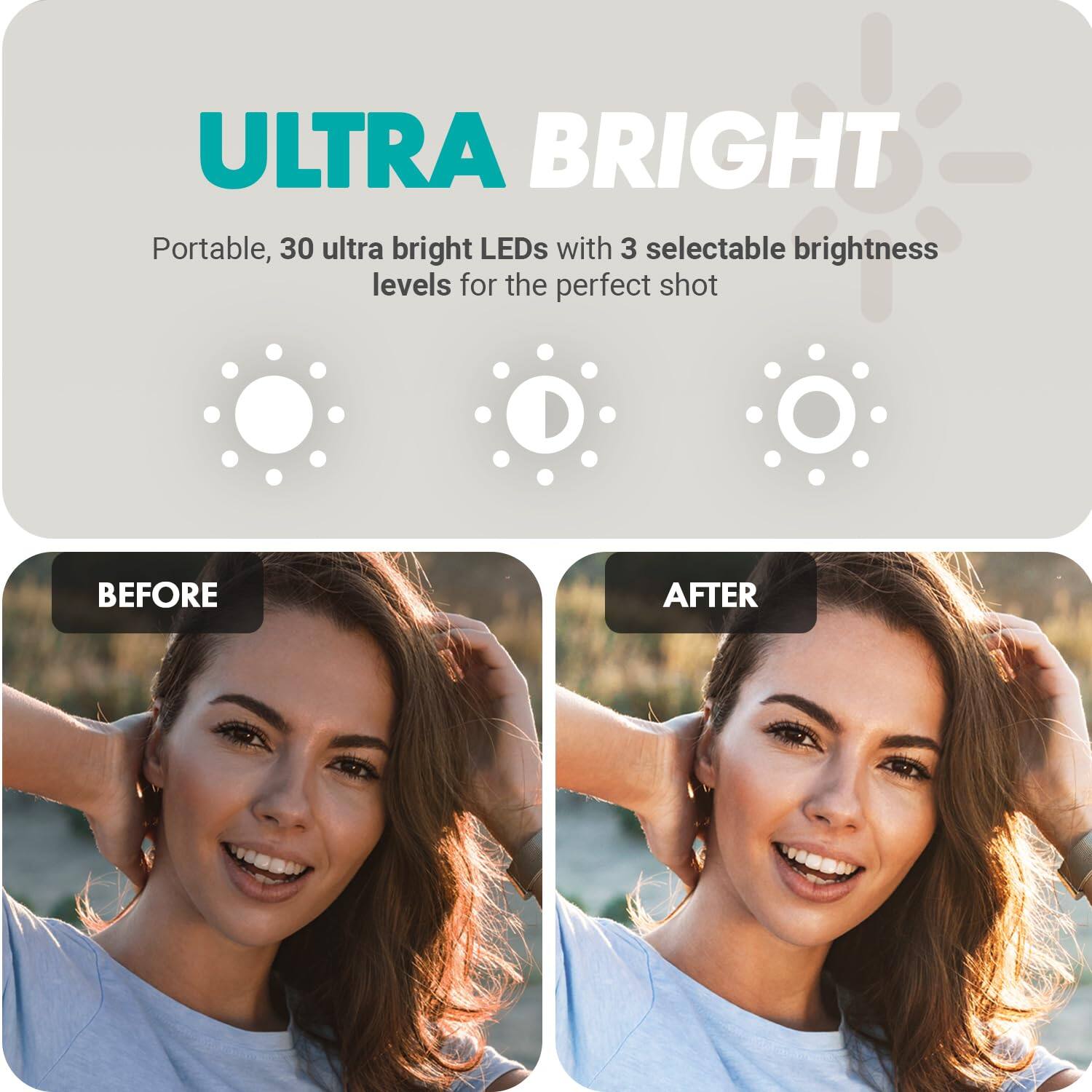 ULTRA BRIGHT

Portable, 30 ultra bright LEDs with 3 selectable brightness levels for the perfect shot

BEFORE

AFTER