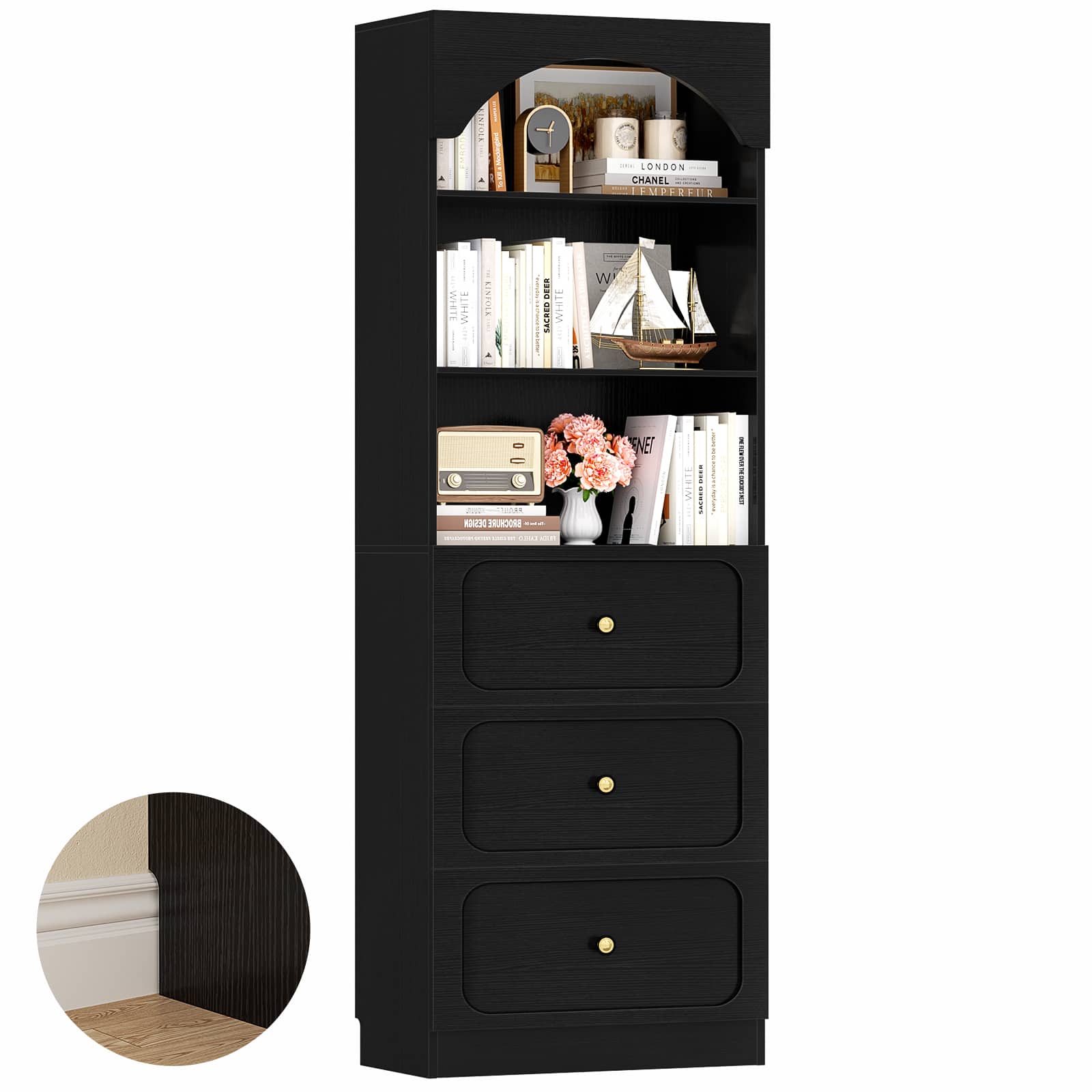 Aheaplus - 80"Tall Arched Bookcase with 3 Drawers & 3-Tier Open Shelves – Wooden Storage Cabinet for Living Room, Kitchen - Black