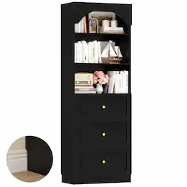 Aheaplus - 80"Tall Arched Bookcase with 3 Drawers & 3-Tier Open Shelves – Wooden Storage Cabinet for Living Room, Kitchen - Black
