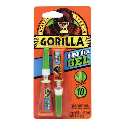 INCREDIBLY STRONG GORILLA SUPER GLUE SUPER GEL GEL GORILLA No Run Control Gel #GORILLA 10 Seconds GEL SUPER Bonds: Plastic*, Wood, Metal, Ceramic, Rubber, Leather, Paper and More! 2 Tubes Net Wt. 0.11 oz (3 g) each Total Net Wt. 0.22 oz (6 g)