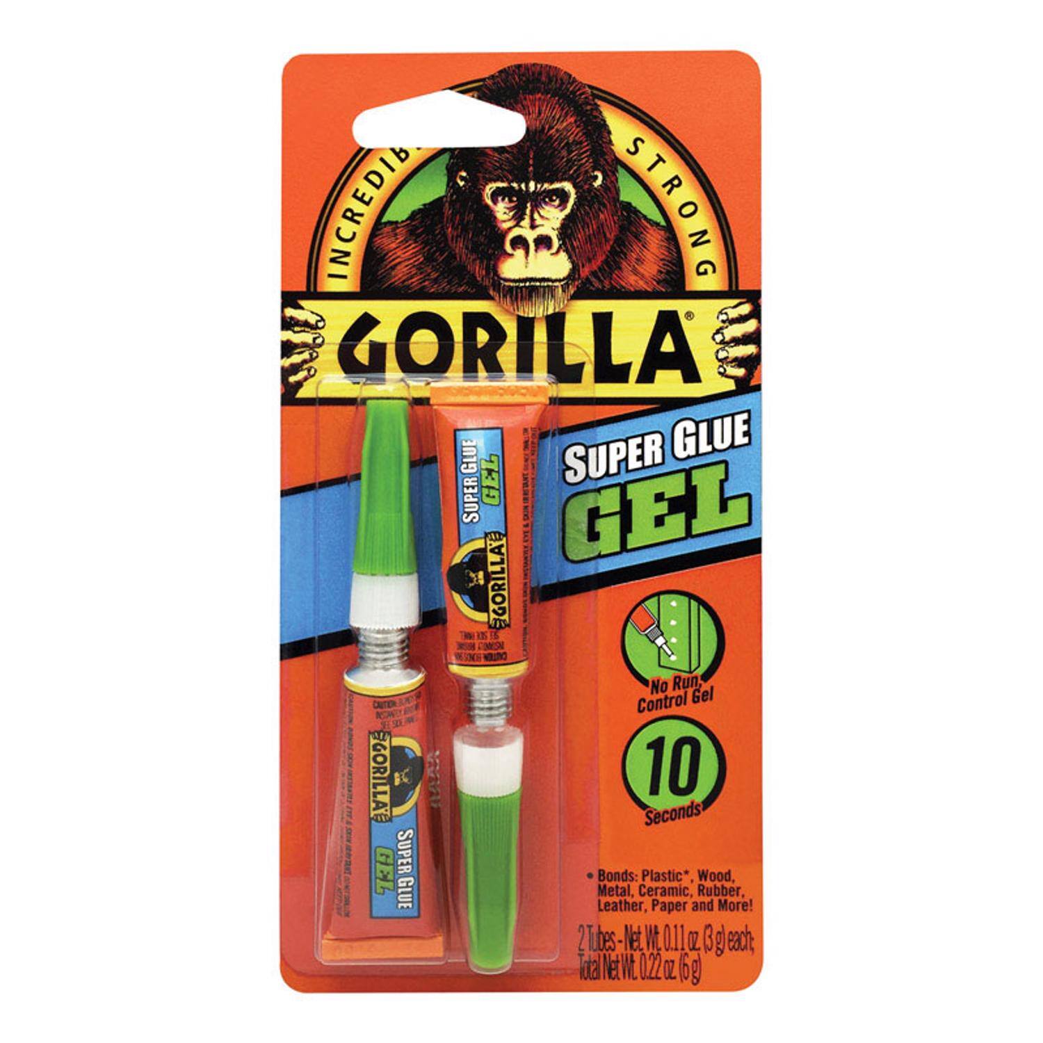 INCREDIBLY STRONG GORILLA SUPER GLUE SUPER GEL GEL GORILLA No Run Control Gel #GORILLA 10 Seconds GEL SUPER Bonds: Plastic*, Wood, Metal, Ceramic, Rubber, Leather, Paper and More! 2 Tubes Net Wt. 0.11 oz (3 g) each Total Net Wt. 0.22 oz (6 g)