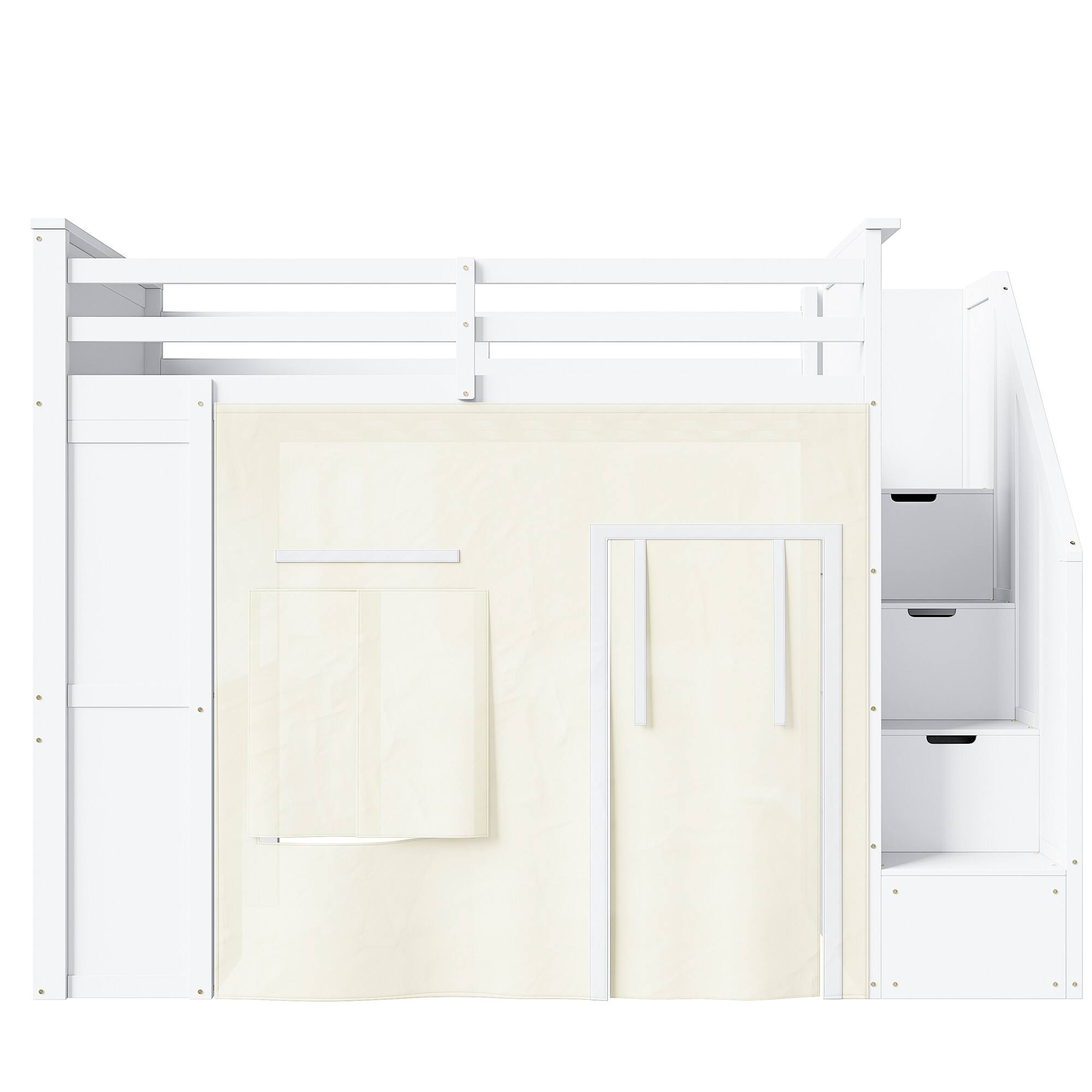 Back. Whisen - Twin Size Loft Bed with Desk, Storage Staircase, Drawers & Privacy Curtain for Kids Bedroom - White.