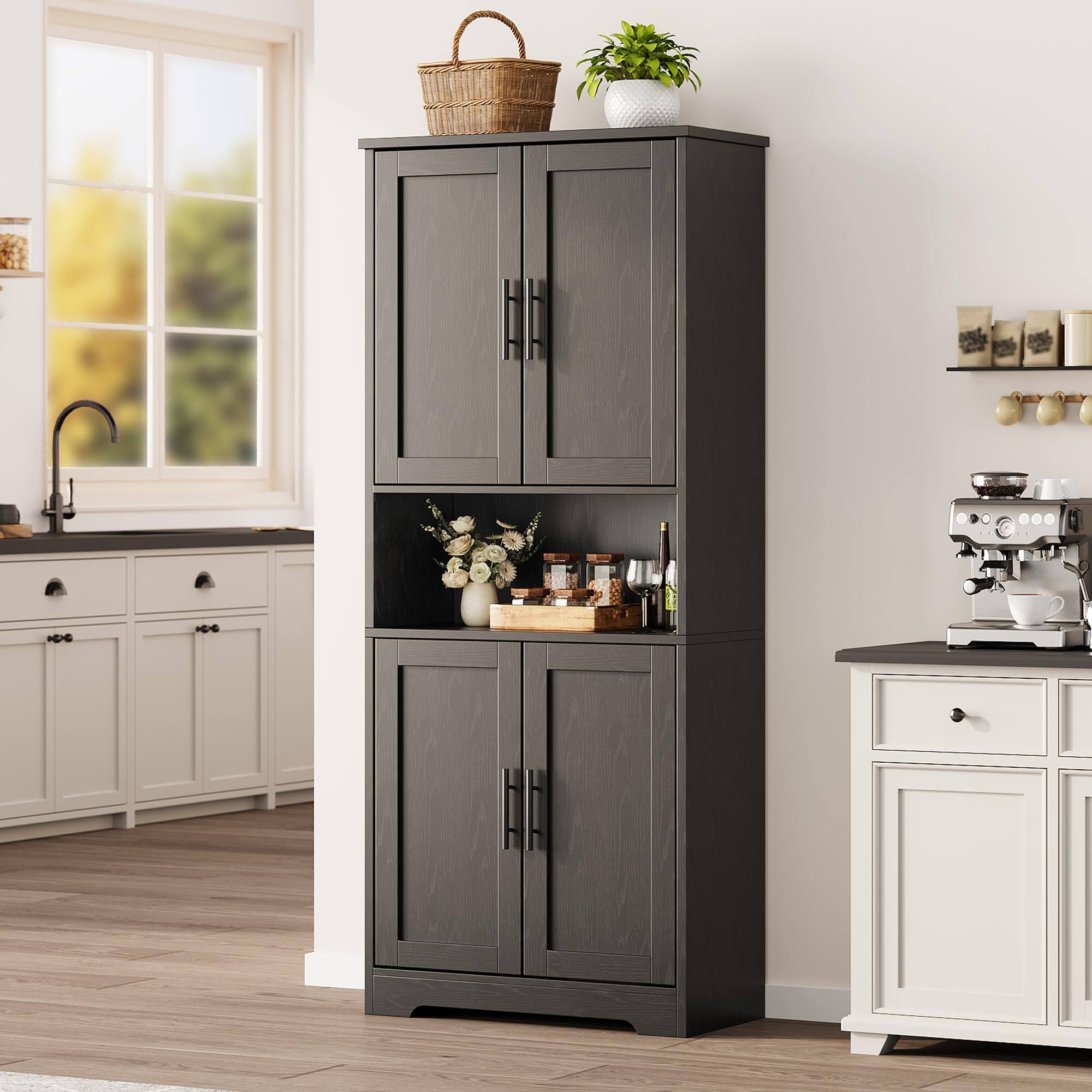 Angle. Babevy - 70" Tall Freestanding Kitchen Pantry Cabinet with 4 Doors & Adjustable Shelves, Modern Storage Hutch - Black.