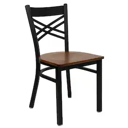 Emma + Oliver - "X" Back Metal Restaurant Dining Chair - Cherry Wood Seat/Black Metal Frame