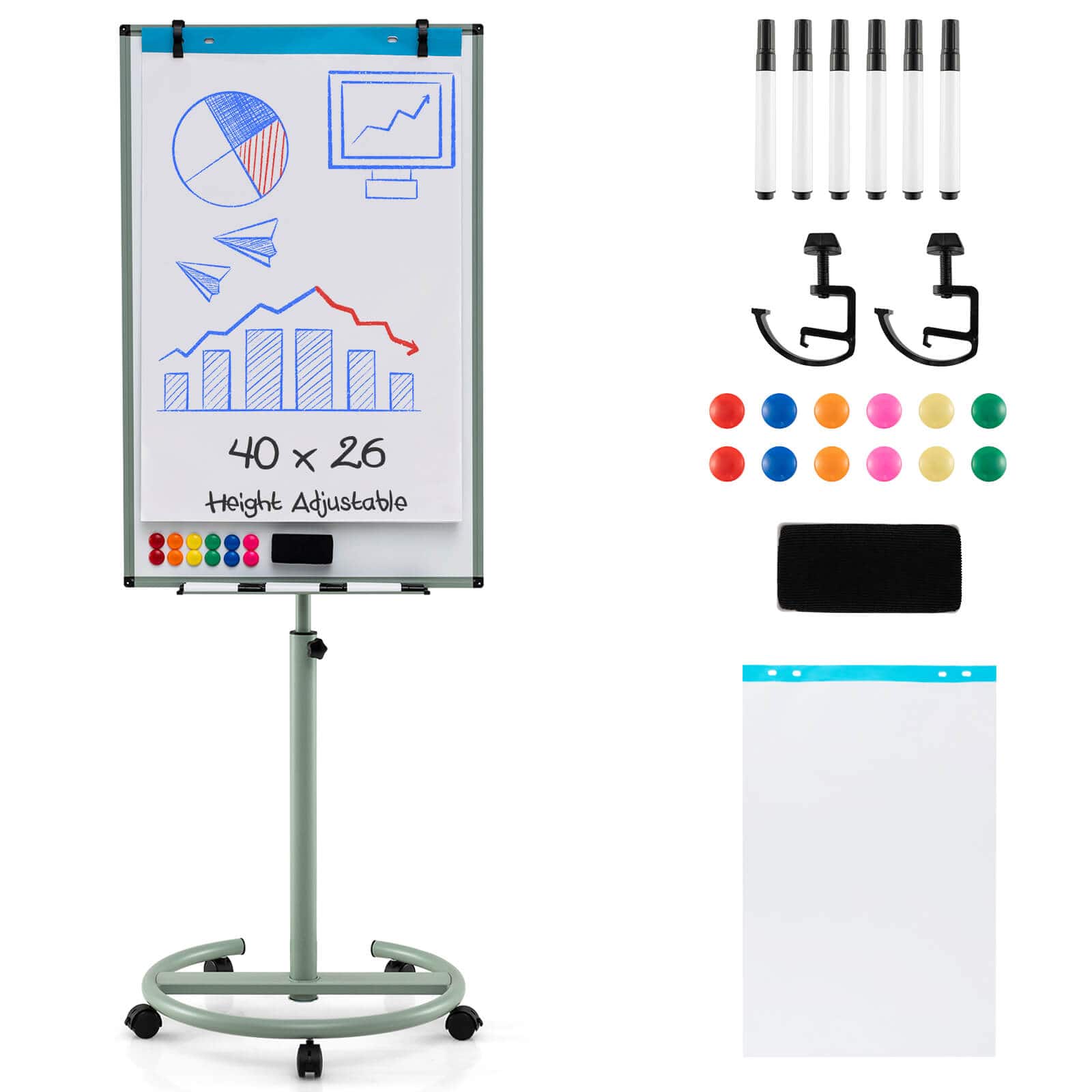 Costway - Mobile Whiteboard 40" x 26" Height Adjustable Magnetic Dry Erase Board with Stand - Green