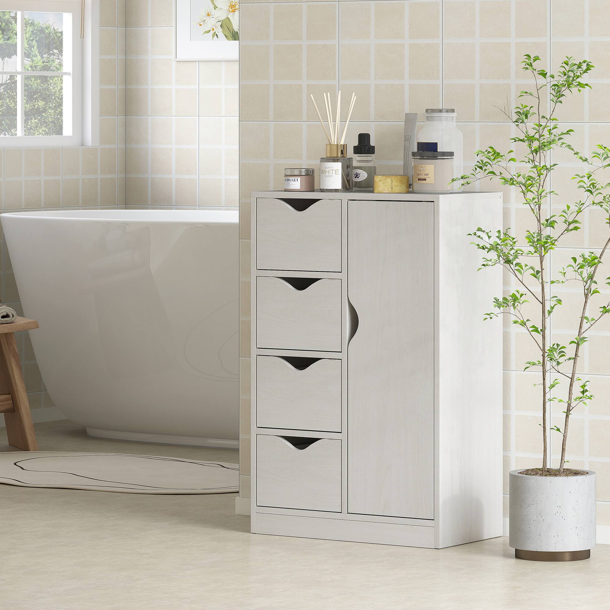 Alt View 2. Homcom - Freestanding Storage Cabinet, Bathroom Floor Cabinet with 4 Drawers and Door - White.