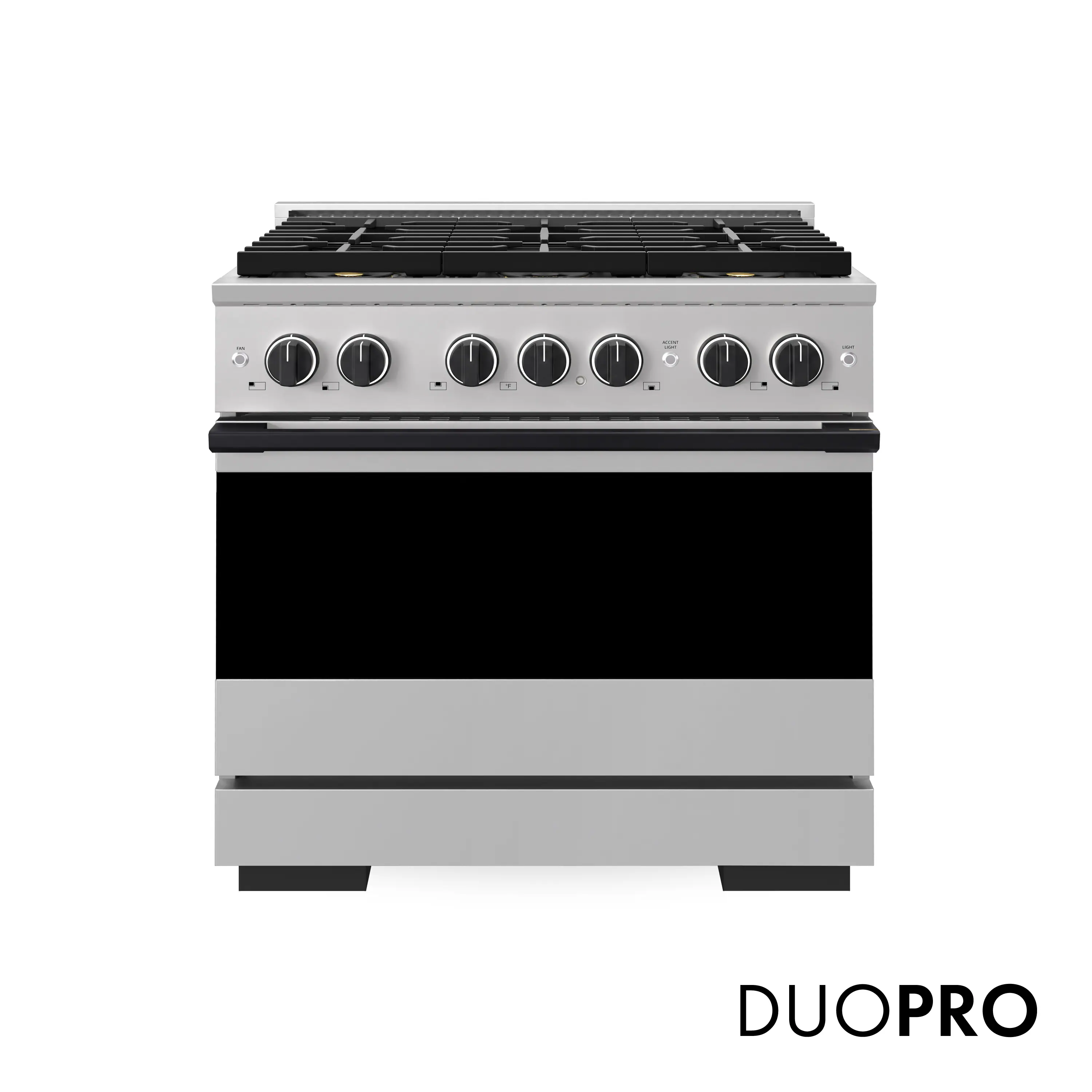 Front. ZLINE - Autograph 36 in. 5.2 cu. ft. Manual Clean Marino Freestanding DuoPro Gas Range with Convection Oven & Black Accents - Stainless Steel.