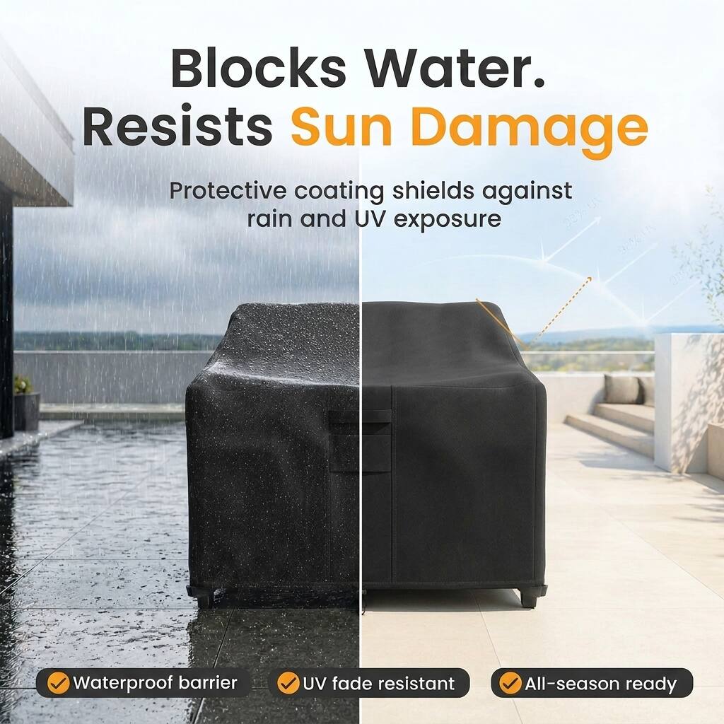 Blocks Water.  
Resists Sun Damage  

Protective coating shields against rain and UV exposure  

Waterproof barrier  
UV fade resistant  
All-season ready