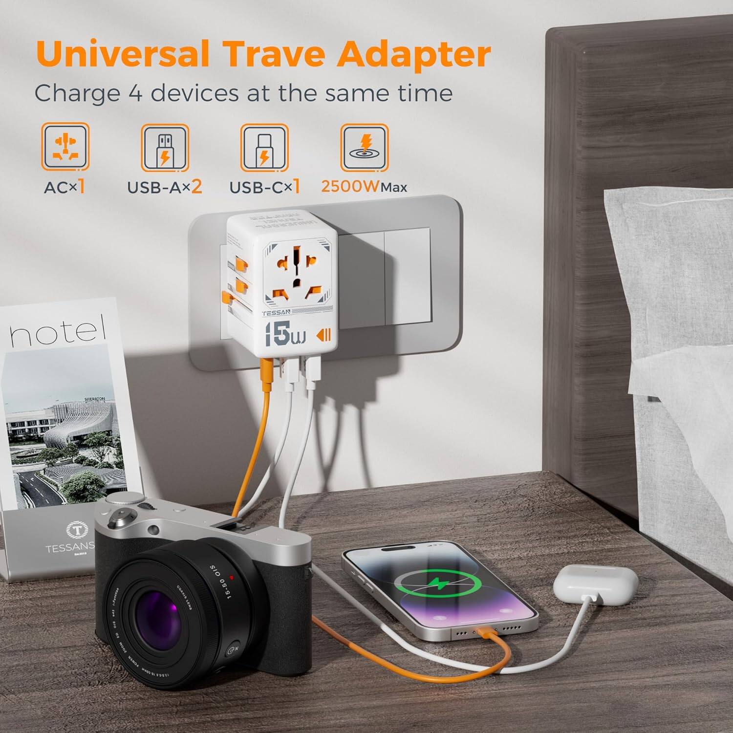 Universal Travel Adapter  
Charge 4 devices at the same time  
ACx1, USB-Ax2, USB-Cx1, 2500W Max  
TESSAN  
15W