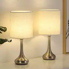 Front. Oumilen - Small Table Lamps Set of 2 - Silver Metal Desk Lamps with Linen Shade for Bedroom Nightstand Living Room Dorm.