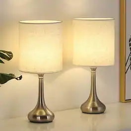 Oumilen - Small Table Lamps Set of 2 - Silver Metal Desk Lamps with Linen Shade for Bedroom Nightstand Living Room Dorm