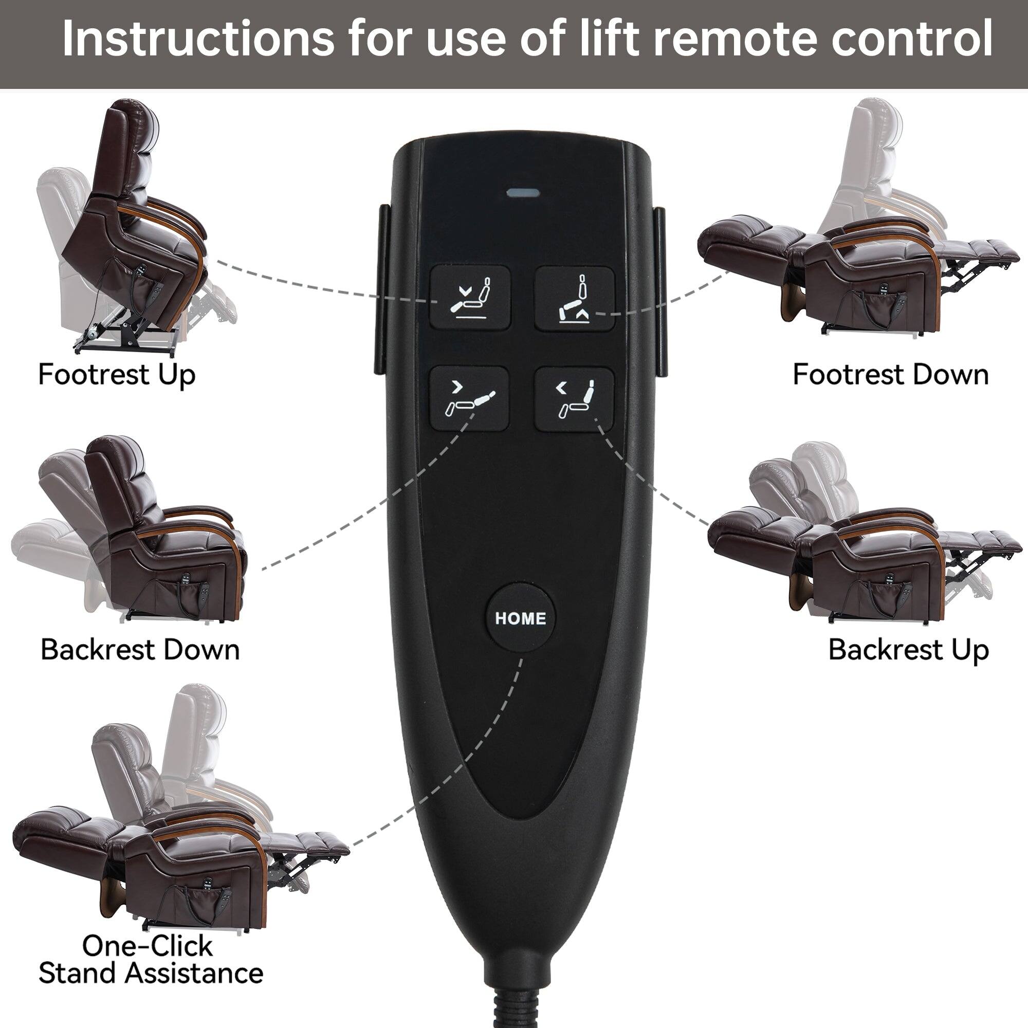 Instructions for use of lift remote control

- Footrest Up
- Footrest Down
- Backrest Down
- Backrest Up
- One-Click Stand Assistance
- HOME