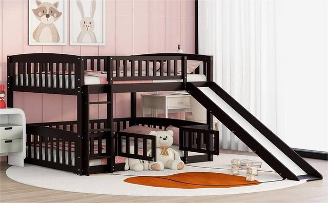 Front. Aukfa - Bunk Bed with Slide,Twin Over Twin Low Bunk Bed with Fence and Ladder for Kids Teens - Espresso.