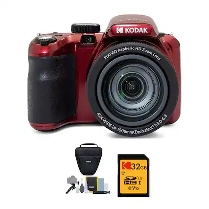 The image features a red Kodak camera with a 42x zoom lens, which is an Aspheric HD PIXPRO Zoom Lens. The camera is accompanied by a 32GB SD card and a lock case. The camera is sitting on a white background, and the image is a close-up of the camera itself.
