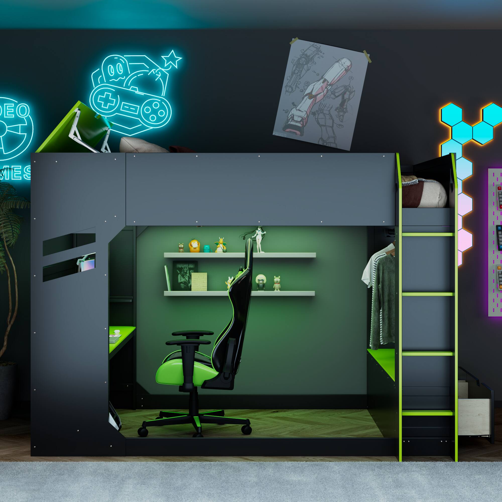 Sure, here is the corrected and grouped text from the image:

**Top Left:**
- "DEO"
- "GAMES"

**Top Center:**
- "808"

**Top Right:**
- (No text, just a drawing of a car)

**Bottom Left:**
- (No text, just a neon sign with a steering wheel and a plus-minus sign)

**Bottom Center:**
- (No text, just a neon sign with a game controller and a star)

**Bottom Right:**
- (No text, just a neon hexagonal pattern)