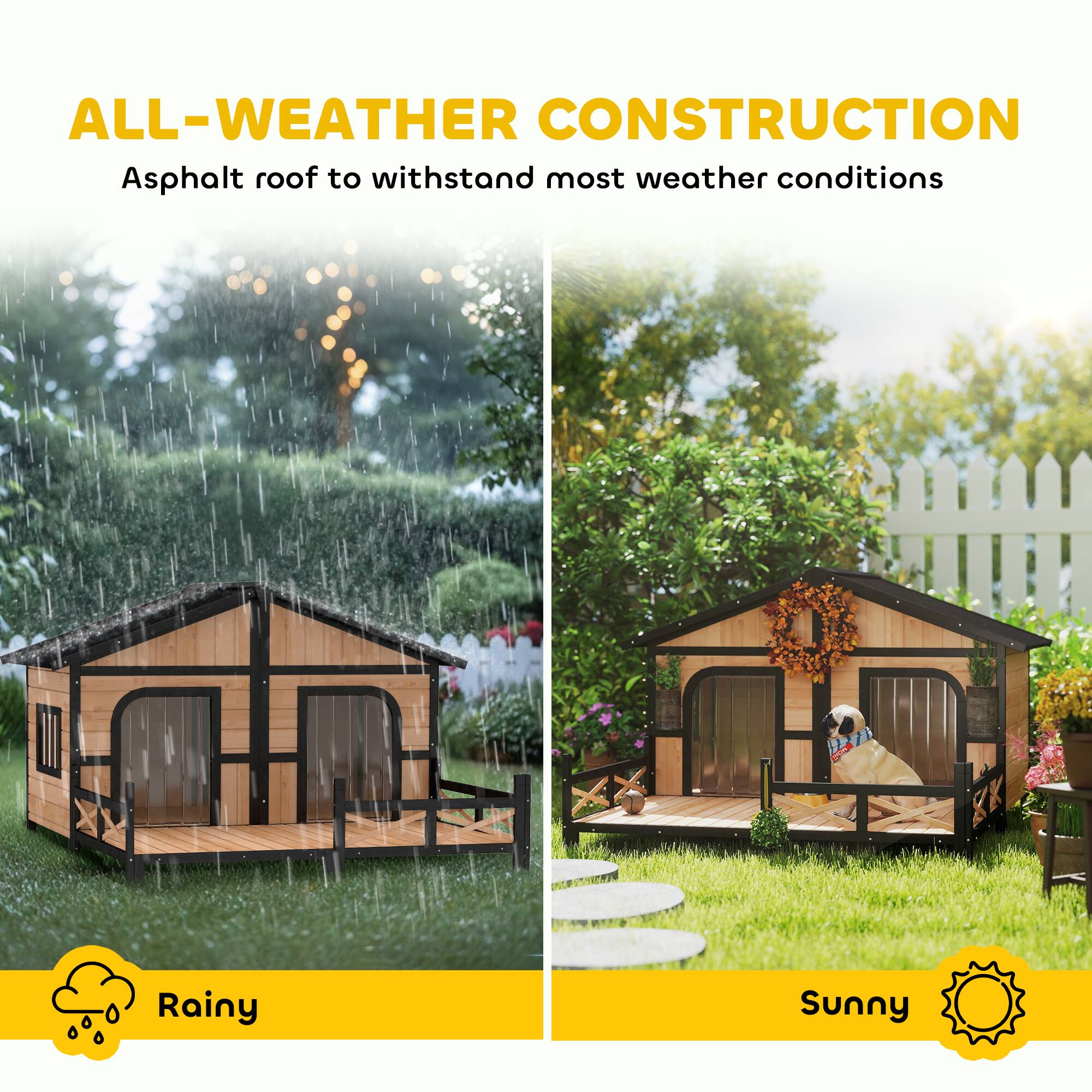 ALL-WEATHER CONSTRUCTION  
Asphalt roof to withstand most weather conditions  

Rainy  
Sunny