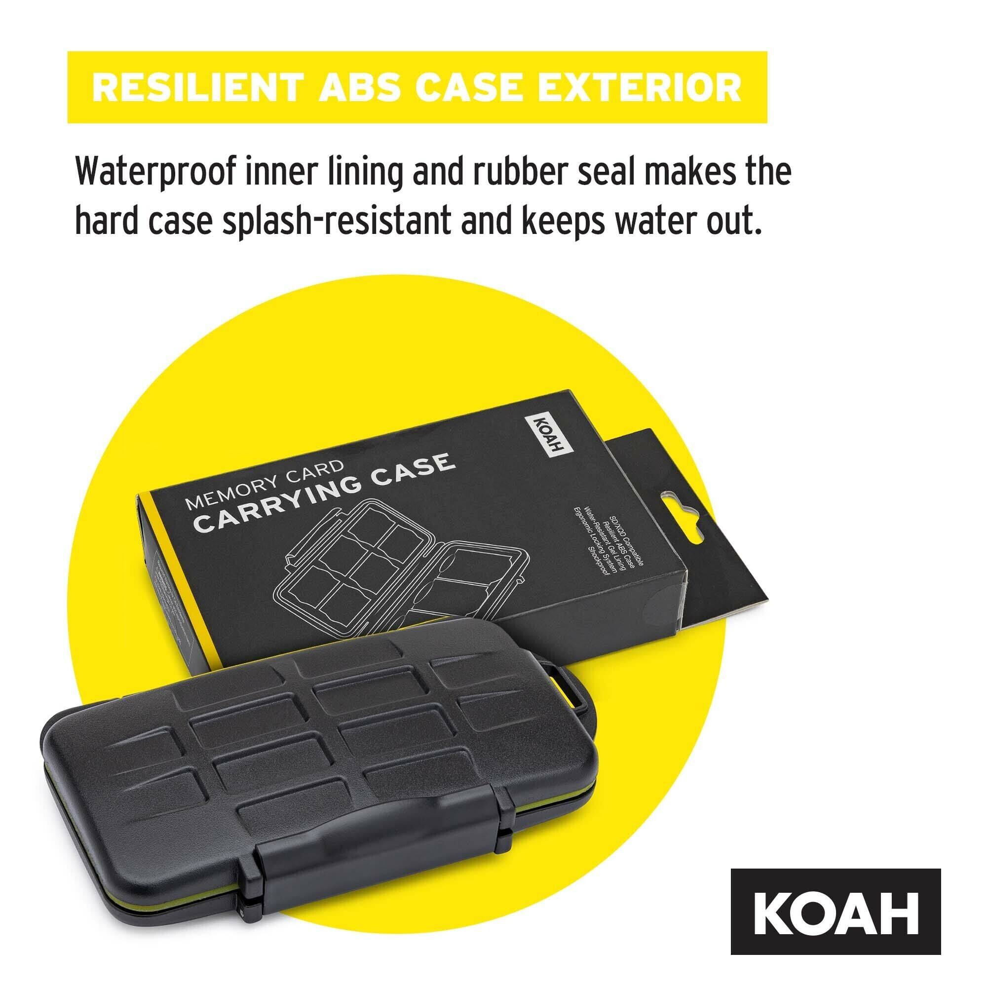 RESILIENT ABS CASE EXTERIOR

Waterproof inner lining and rubber seal makes the hard case splash-resistant and keeps water out.

MEMORY CARD CARRYING CASE

KOAH