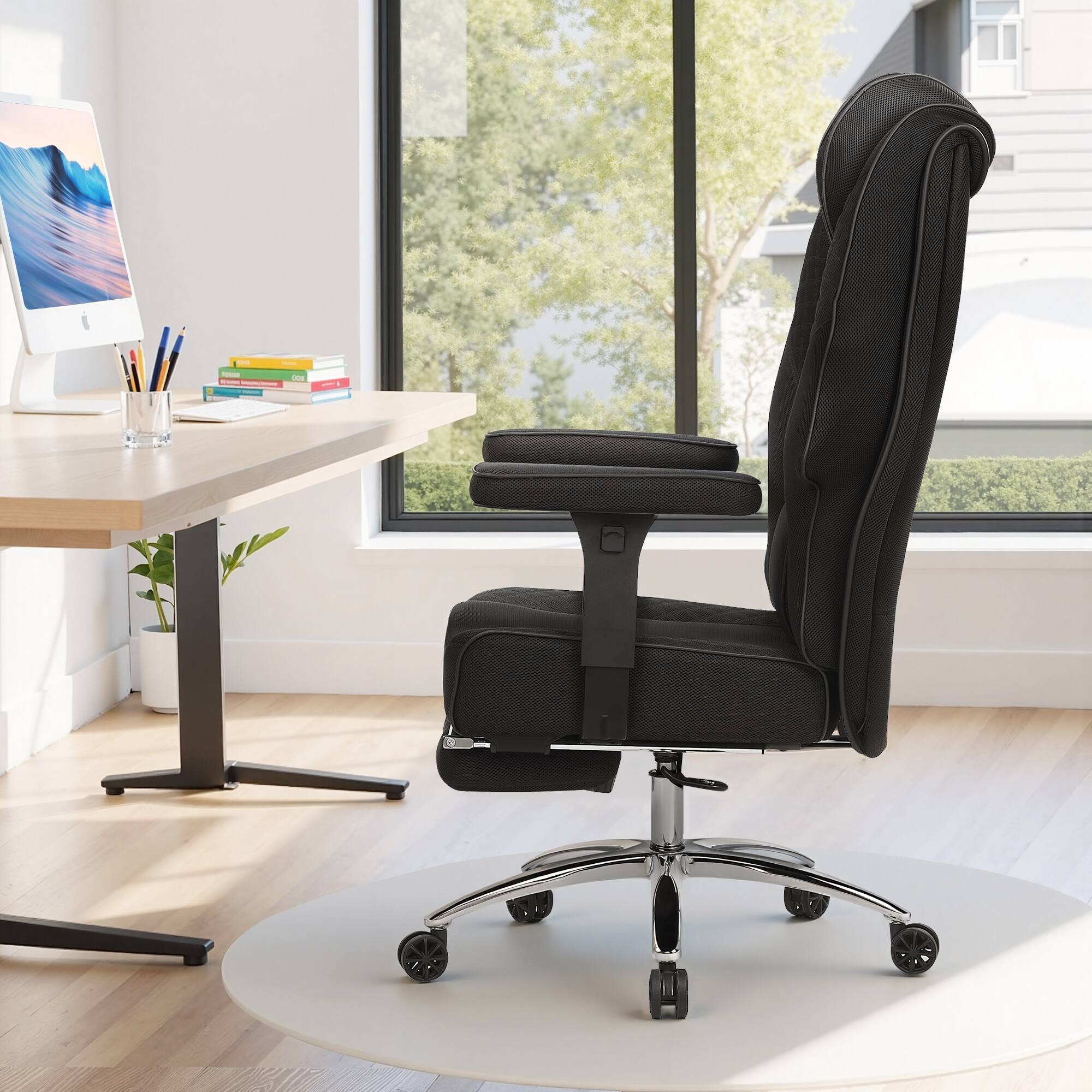 Alt View 6. Vecelo - Black Gaming Chair with Retractable Footrest - Ergonomic Office Chair, Adjustable Lumbar Support & Breathable Fabric - Black.