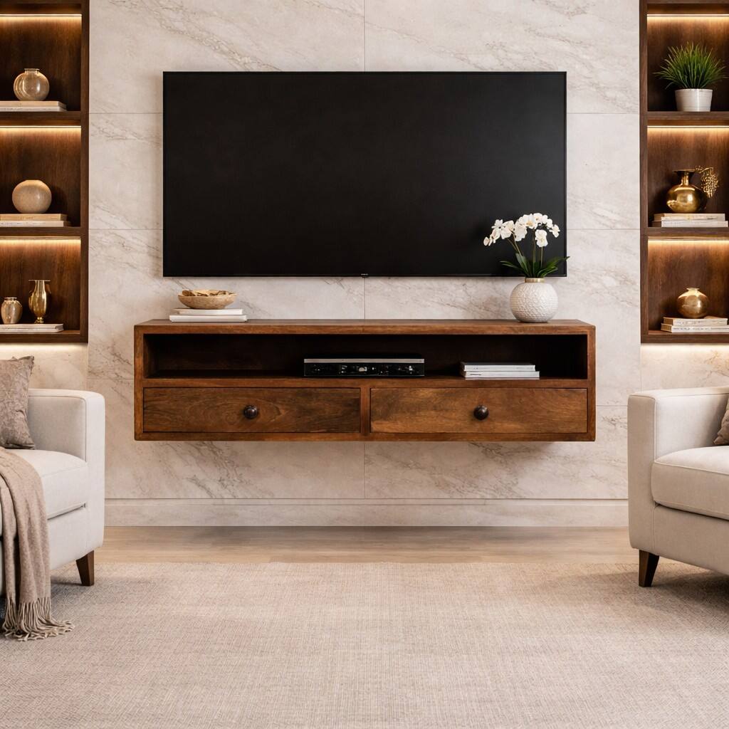 Angle. Artisan Furniture - Amber Open Media Unit, 2 Drawers, 1 Open Shelf, Brown - Brown.