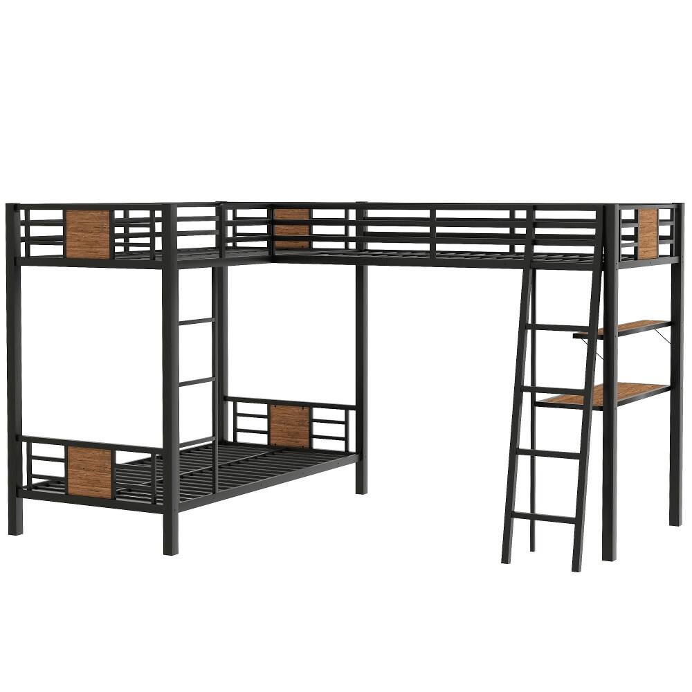 Alt View 8. Loheer - Loheer L-Shaped Twin Over Twin Bunk Bed with Loft Bed Desk and Shelves Black Metal - Black.