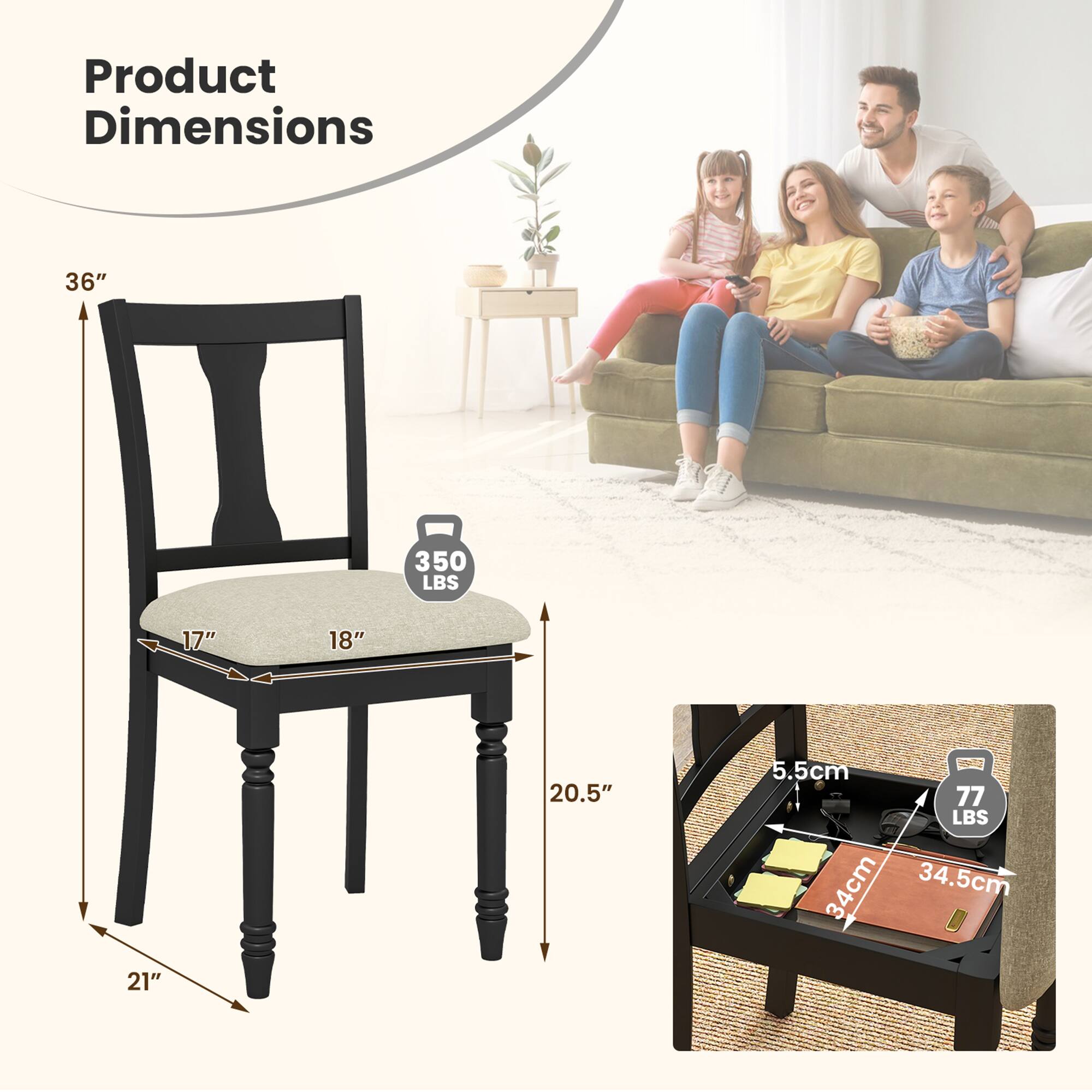 Product Dimensions: 36" (Height), 17" (Seat Width), 18" (Seat Depth), 21" (Leg Height), 20.5" (Tray Length), 5.5cm (Tray Height), 34cm (Tray Width), 34.5cm (Tray Depth), 77 lbs (Weight Capacity), 350 lbs (Weight Capacity).