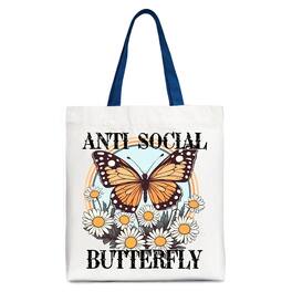 OrnamentallyYou - Anti Social Butterfly Canvas Tote Bag, Retro Gift Shopper for Quirky and Independent Women - White Navy