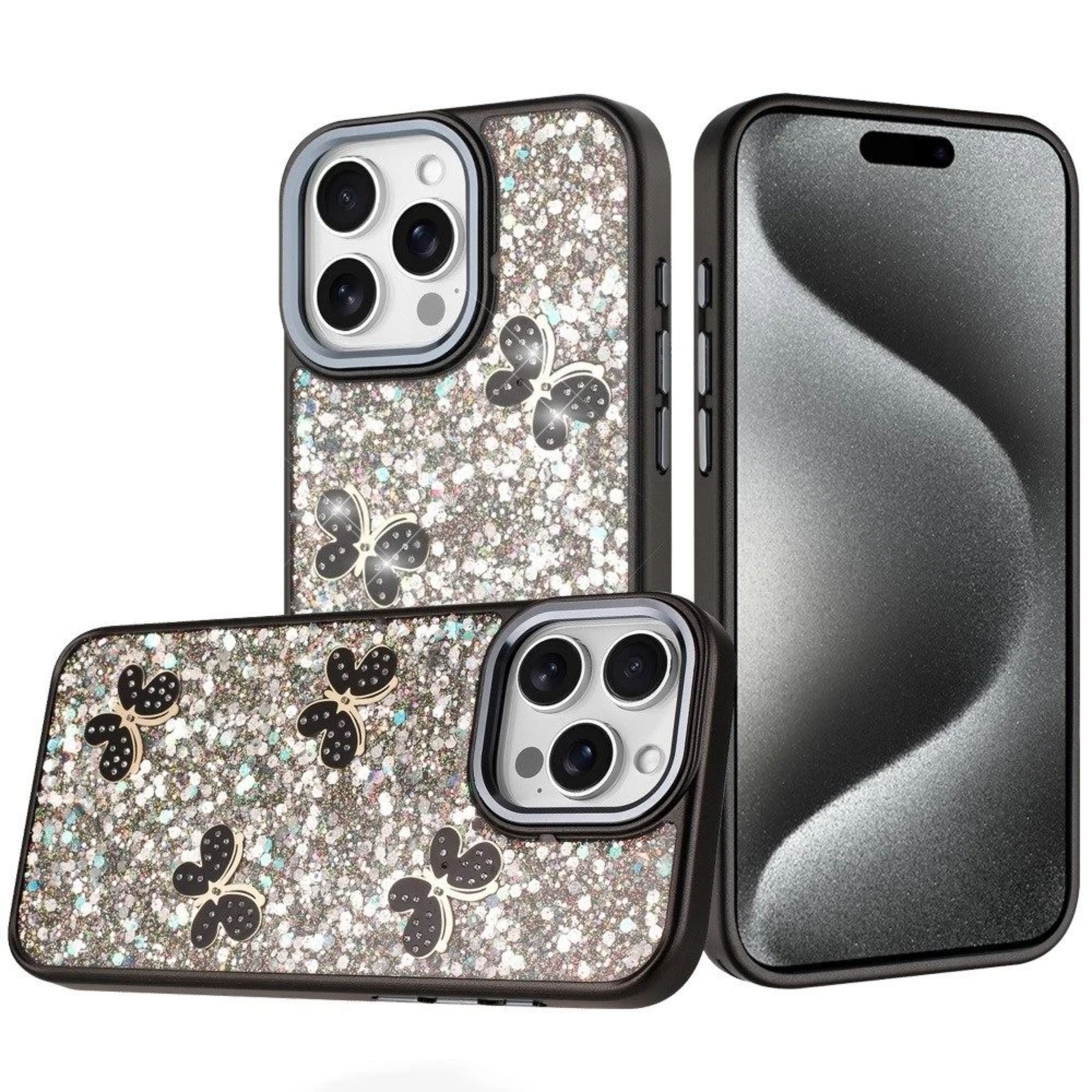Kitcheniva - Glitter Butterfly Case With Tempered Glass For iPhone 15 Pro Max - Black