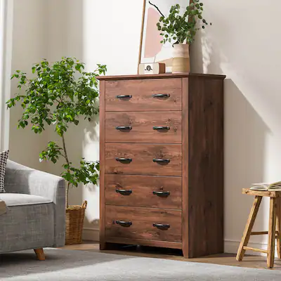 Tall Storage Dresser with 5 Pull-out Drawers for Bedroom Living Room-Walnut | Costway Tall Storage Dresser with 5 Pull-out Drawers for Bedroom Living Room-Walnut | Costway