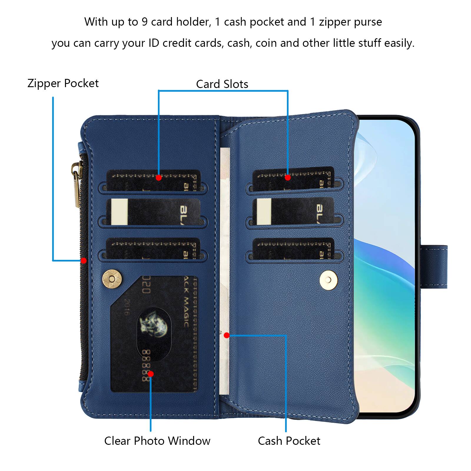 With up to 9 card holder, 1 cash pocket and 1 zipper purse you can carry your ID credit cards, cash, coin and other little stuff easily.

Zipper Pocket
Card Slots
Clear Photo Window
Cash Pocket