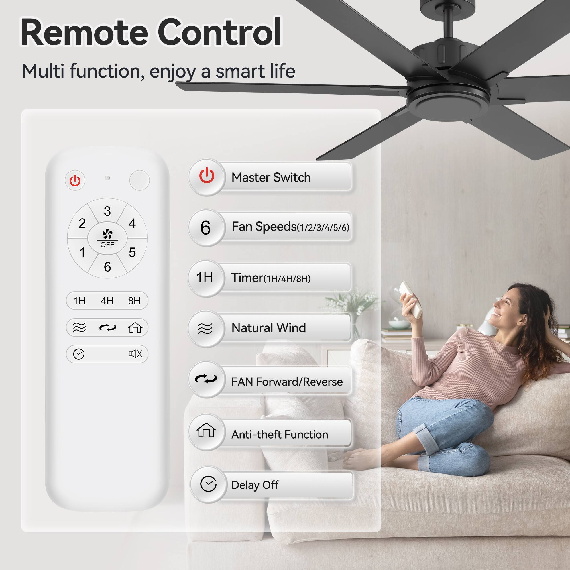 Remote Control  
Multi function, enjoy a smart life  

- Master Switch  
- Fan Speeds (1/2/3/4/5/6)  
- Timer (1H/4H/8H)  
- Natural Wind  
- FAN Forward/Reverse  
- Anti-theft Function  
- Delay Off
