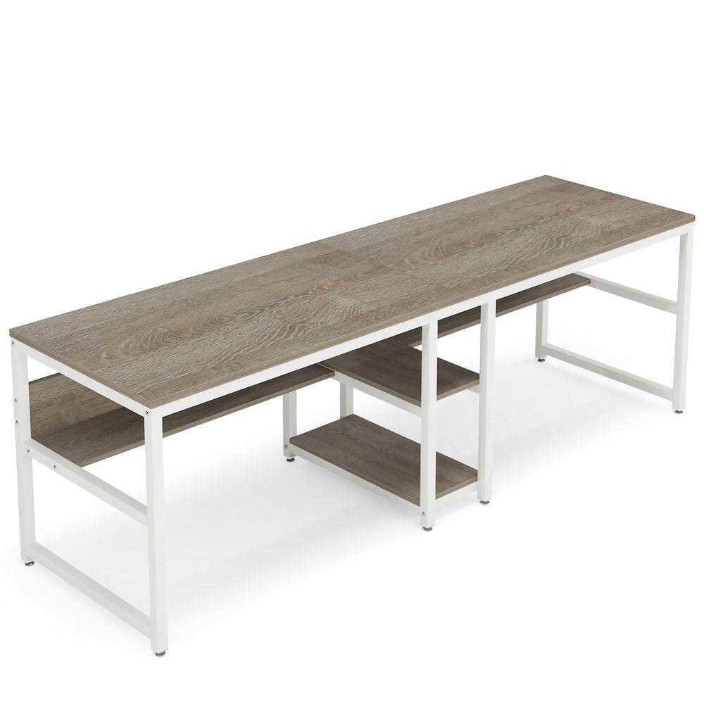 Left. Kadyn - Kadyn Study Writing Desk, 79" Two Person Computer Desk Double Workstation with Shelves,Grey & White - Gray & White.